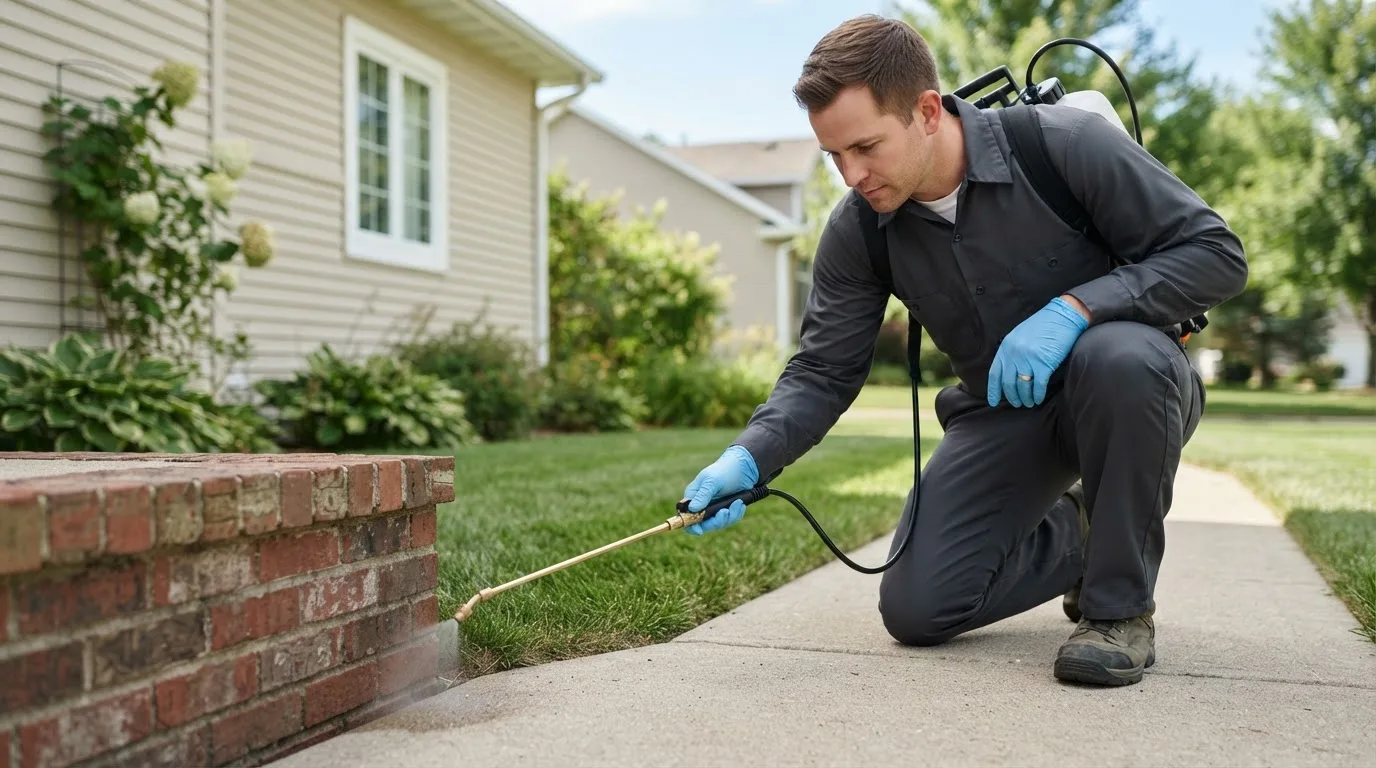 Pest control technician treating a home near Quaker Hill, CT